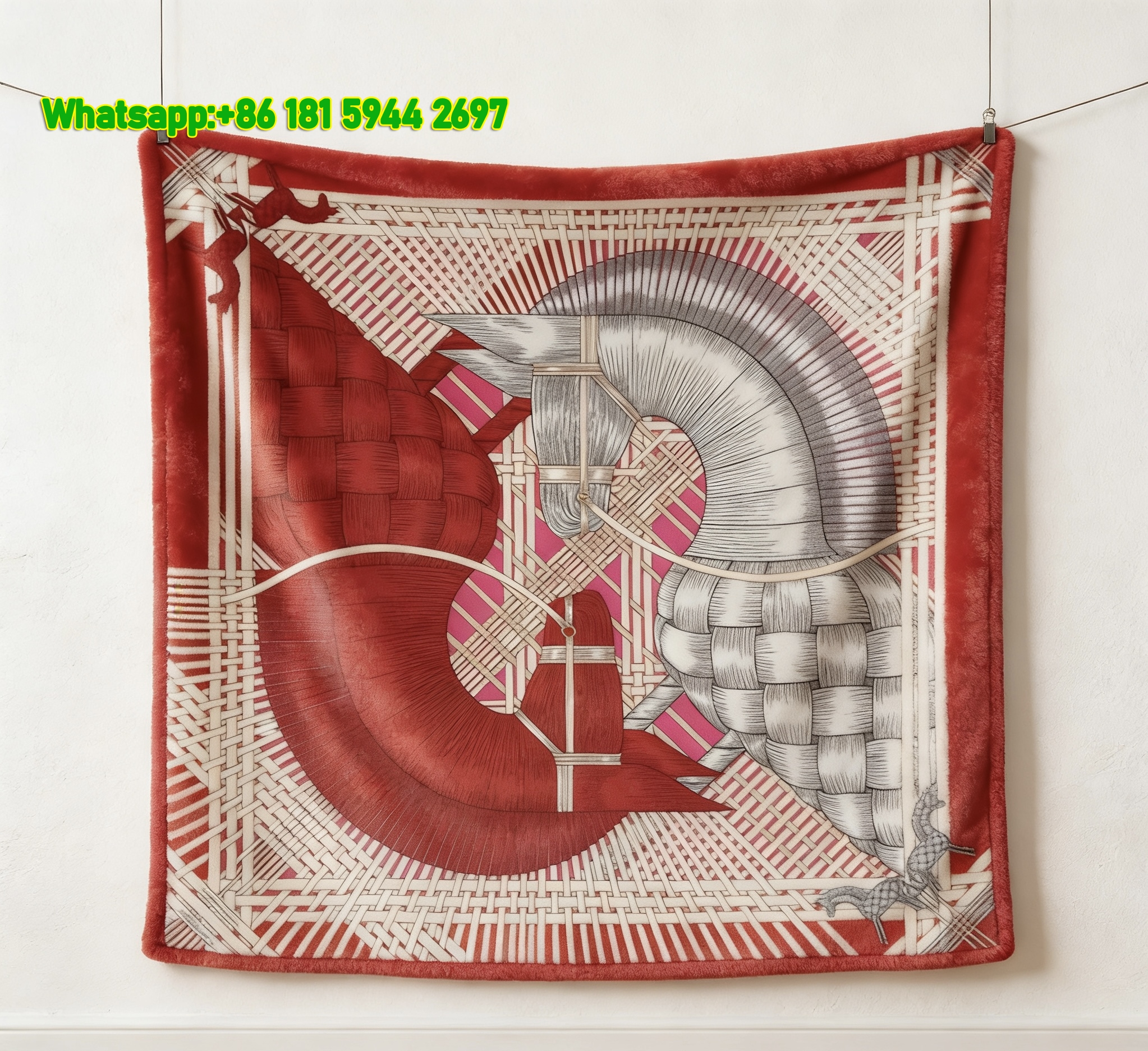 Hermès Red & Silver Horse Flannel Throw Blanket IMG_5035